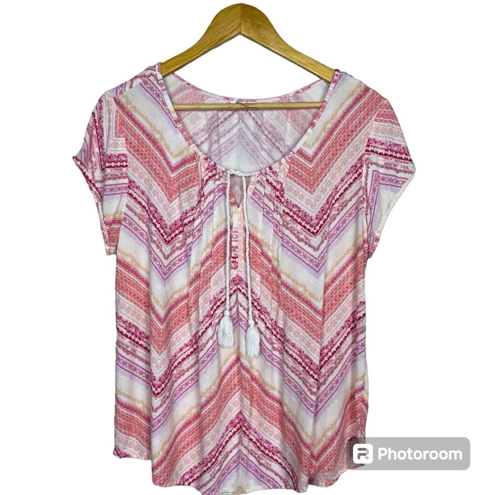 Sonoma Short Sleeve Multi Color Printed Top Boho  Tie Front Tassels Size Large